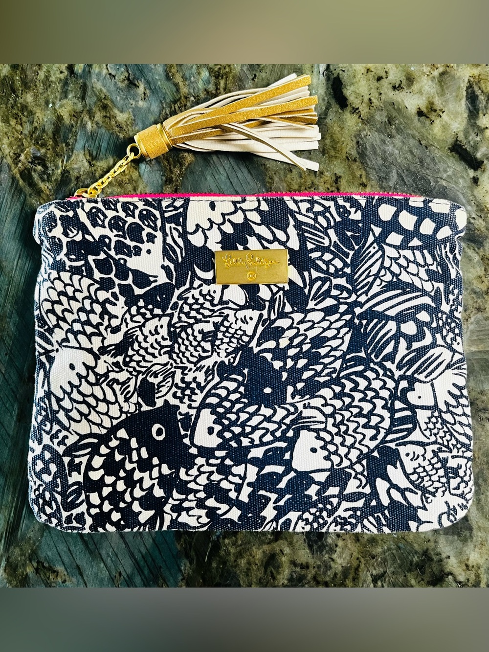 Lilly Pulitzer Navy, White & Pink Fish-Print Tassel Pouch with Gold Hardware
